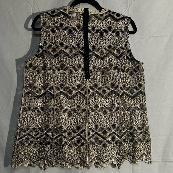 Y2K Vintage Top Women Large Black Lace Sheer Gold Metallic Crochet Glam Art Deco - Picture 3 of 10